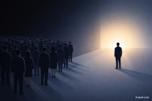 A crowd facing darkness while one person faces light representing market narratives and future vs past thinking